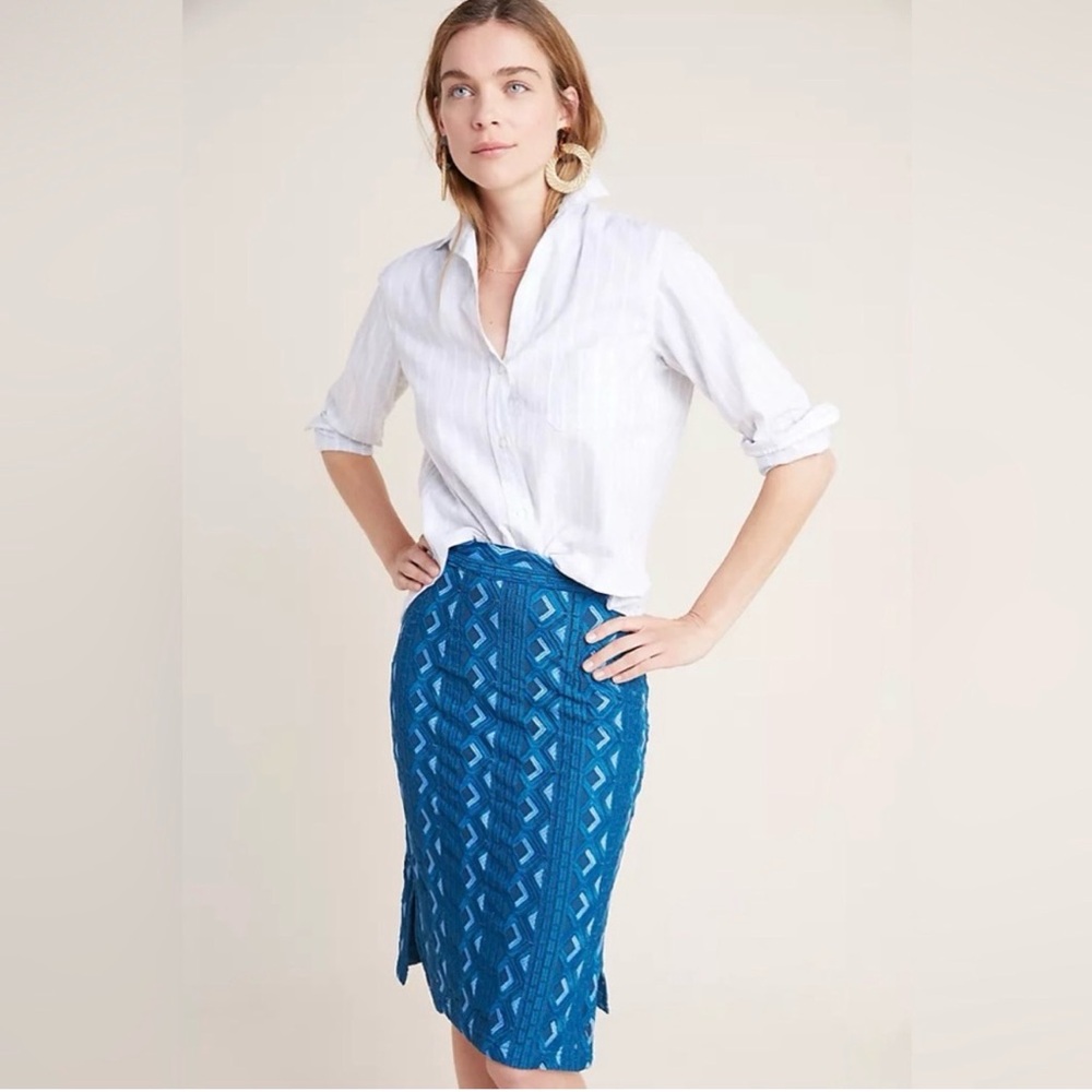 🩵 ✨ Anthropologie Sienna Embroidered Pencil Skirt Turquoise Blue Sz 14